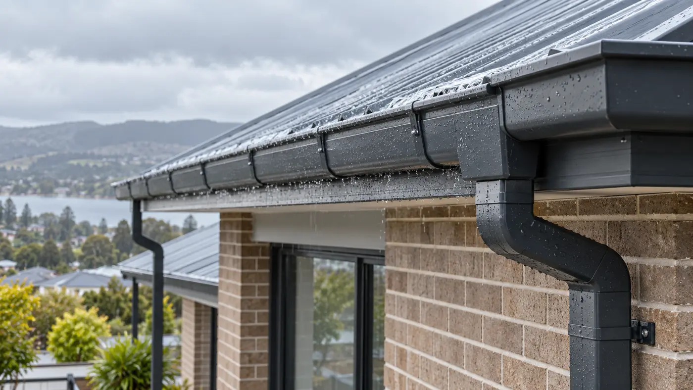 New charcoal guttering and downpipe carrying rainwater on a Launceston home